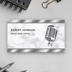 White Marble Metallic Microphone Voice Over Artist Business Card