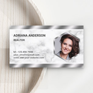 White Marble Metallic Real Estate Photo Realtor Business Card