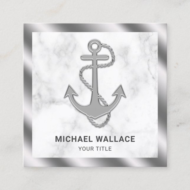 White Marble Metallic Steel Nautical Rope Anchor Square Business Card (Front)