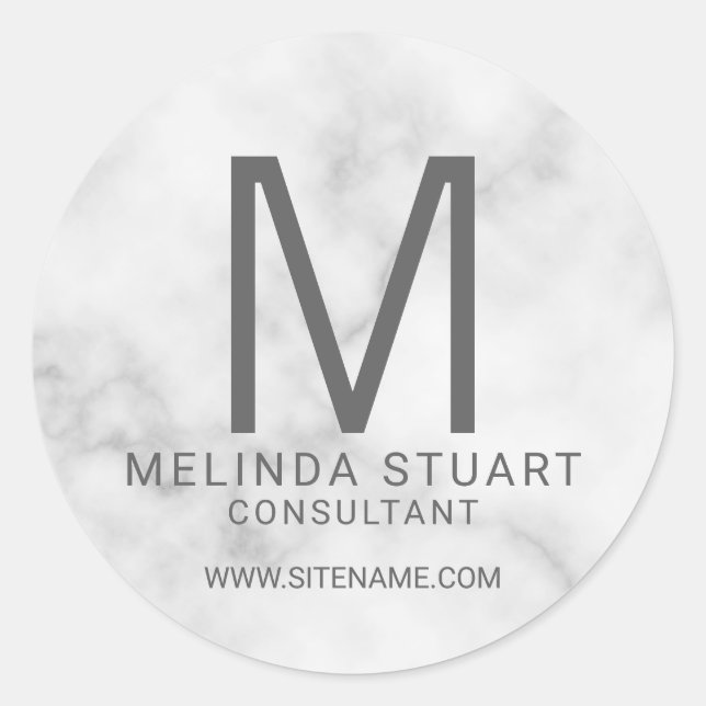 White Marble Modern Monogram Business  Classic Rou Round Sticker (Front)