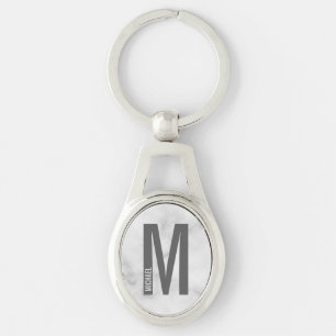 White Marble Modern Personalised Monogram and Name Key Ring