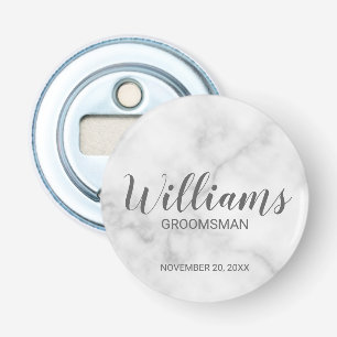 White Marble Modern Script Personalised Groomsman Bottle Opener