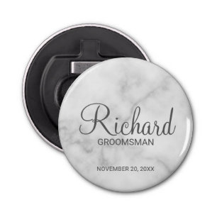 White Marble Modern Script Personalised Groomsman Bottle Opener