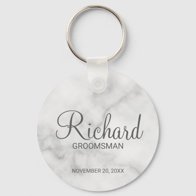 White Marble Modern Script Personalised Groomsman Key Ring (Front)