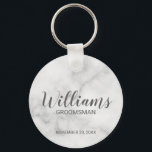 White Marble Modern Script Personalised Groomsman Key Ring<br><div class="desc">Personalised Groomsman Gifts featuring personalised groomsman's name in grey modern script font style with title and wedding date in modern sans serif font style on white marble background. Also perfect for best man, father of the bride, bridesmaid, maid of honour, mother of the bride and more. Please note: The marble...</div>