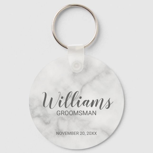 White Marble Modern Script Personalised Groomsman Key Ring (Front)