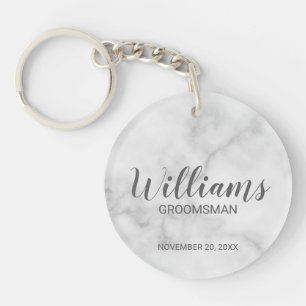 White Marble Modern Script Personalised Groomsman Key Ring