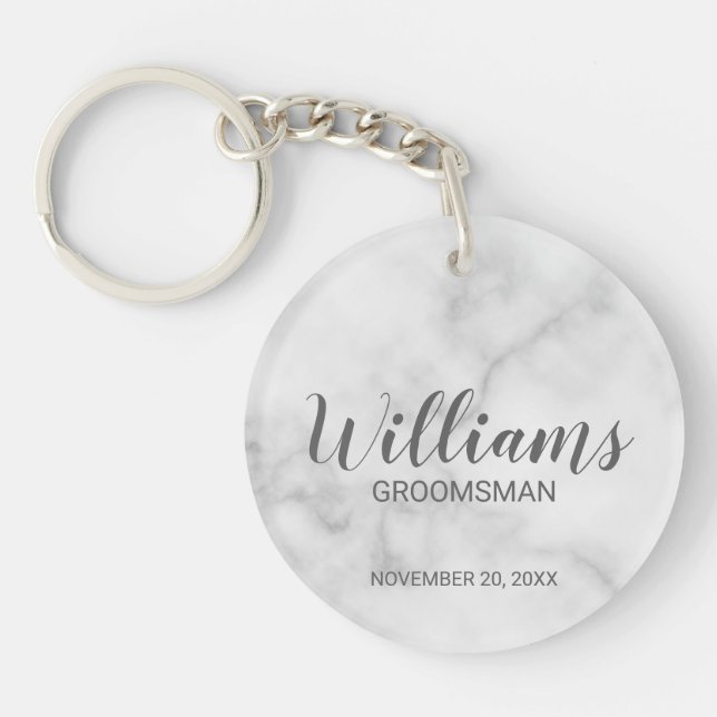 White Marble Modern Script Personalised Groomsman Key Ring (Front)