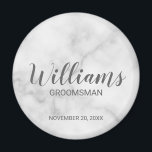 White Marble Modern Script Personalised Groomsman Magnet<br><div class="desc">Personalised Groomsman Gifts featuring personalised groomsman's name in grey modern script font style with title and wedding date in modern sans serif font style on white marble background. Also perfect for best man, father of the bride, bridesmaid, maid of honour, mother of the bride and more. Please note: The marble...</div>