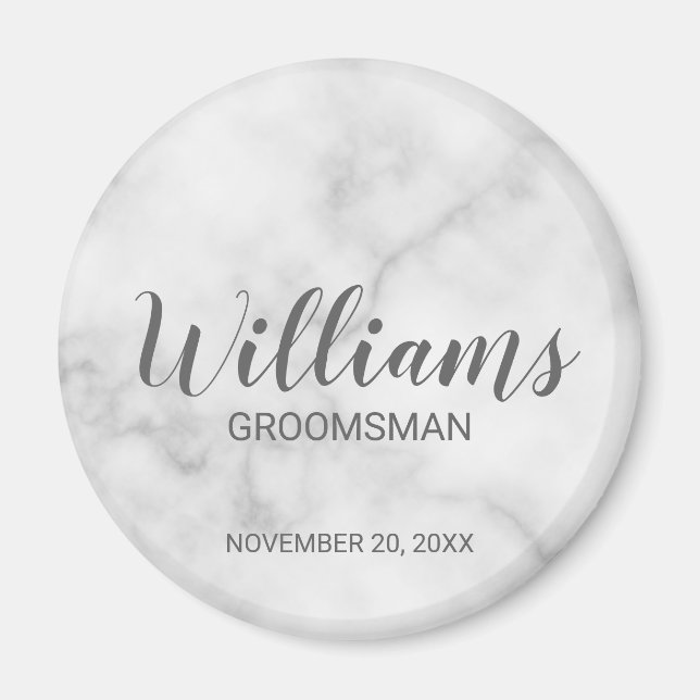 White Marble Modern Script Personalised Groomsman Magnet (Front)
