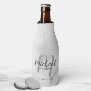 White Marble Modern Script Personalised Groomsmen Bottle Cooler