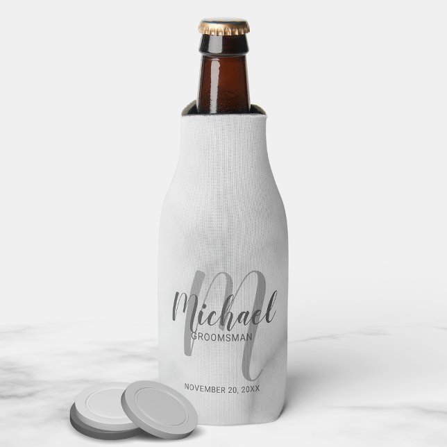 White Marble Modern Script Personalised Groomsmen Bottle Cooler (Creator Uploaded)