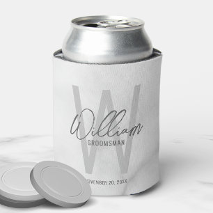 White Marble Modern Script Personalised Groomsmen Can Cooler