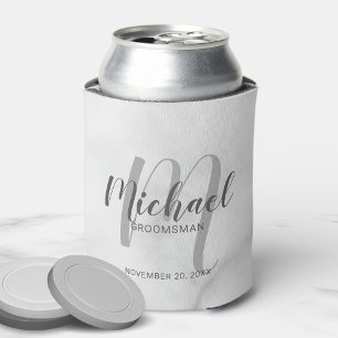 White Marble Modern Script Personalised Groomsmen Can Cooler