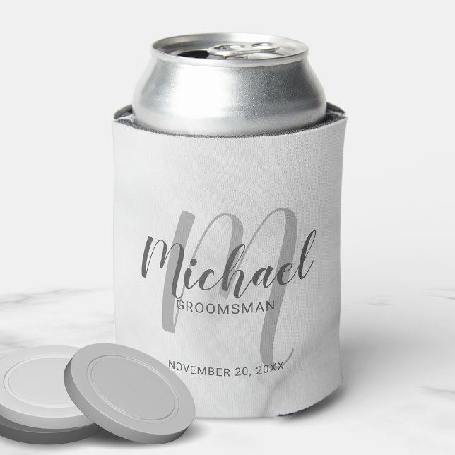 White Marble Modern Script Personalised Groomsmen Can Cooler (Creator Uploaded)