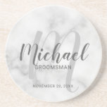 White Marble Modern Script Personalised Groomsmen Coaster<br><div class="desc">Add a personal touch to your wedding with personalised groomsmen coaster. This coaster features personalised groomsmen's name in grey modern script font style and monogram in light grey modern script font style as background with title and wedding date in grey modern sans serif font style on white marble background. Also...</div>