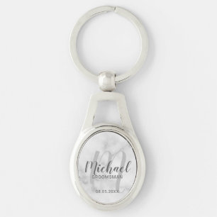 White Marble Modern Script Personalised Groomsmen Key Ring
