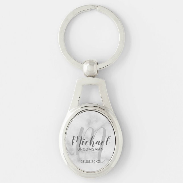 White Marble Modern Script Personalised Groomsmen Key Ring (Front)