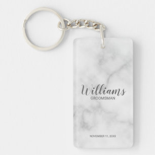 White Marble Modern Script Personalised Groomsmen Key Ring