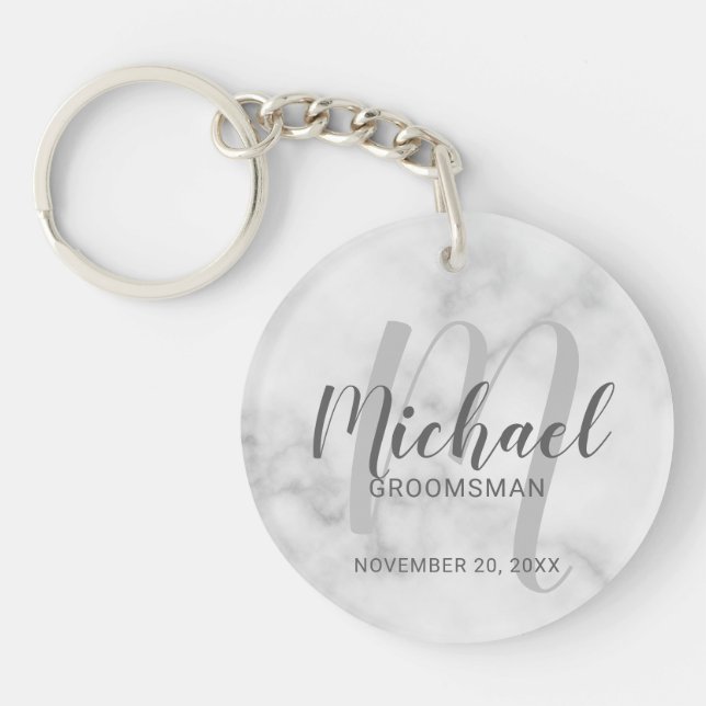 White Marble Modern Script Personalised Groomsmen Key Ring (Front)