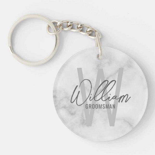 White Marble Modern Script Personalised Groomsmen Key Ring (Front)