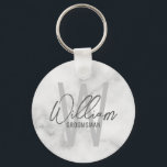White Marble Modern Script Personalised Groomsmen Key Ring<br><div class="desc">Modern Minimalist Personalised Monogram and Name Gifts This design features personalised name in grey modern handwriting script font style and monogram in light grey modern sans serif font style as background, with title in grey modern sans serif font style, on white marble background. Also perfect for best man, maid of...</div>