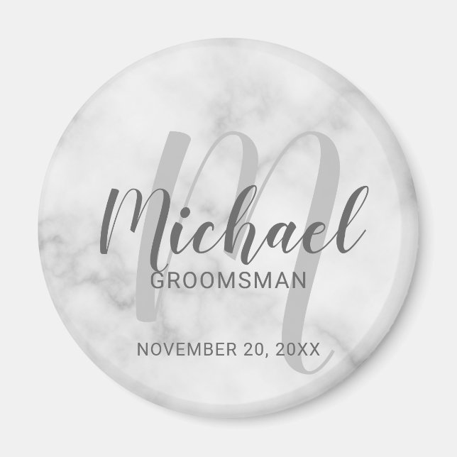 White Marble Modern Script Personalised Groomsmen Magnet (Front)