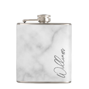 White Marble Modern Script Personalised Name Hip Flask