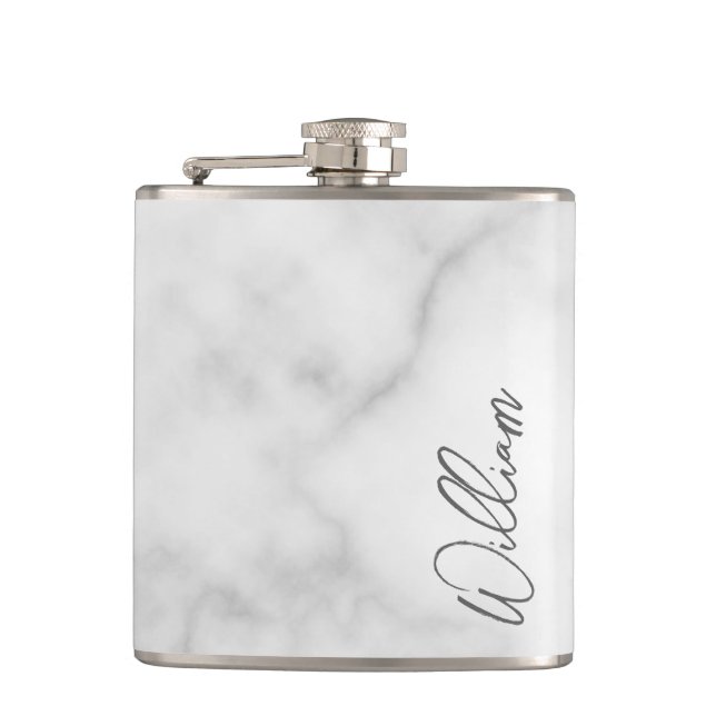 White Marble Modern Script Personalised Name Hip Flask (Front)