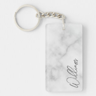 White Marble Modern Script Personalised Name Key Ring
