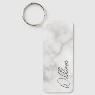 White Marble Modern Script Personalised Name Key Ring