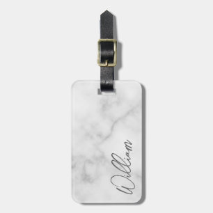 White Marble Modern Script Personalised Name Luggage Tag