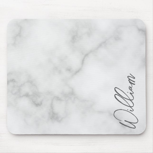 White Marble Modern Script Personalised Name Mouse Pad (Front)