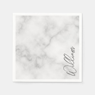 White Marble Modern Script Personalised Name Napkin