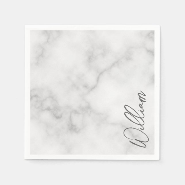 White Marble Modern Script Personalised Name Napkin (Front)