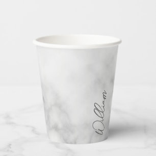 White Marble Modern Script Personalised Name Paper Cups