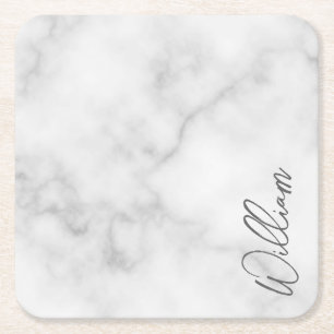 White Marble Modern Script Personalised Name Square Paper Coaster