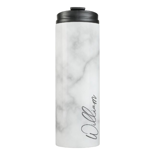 White Marble Modern Script Personalised Name Thermal Tumbler (Front)