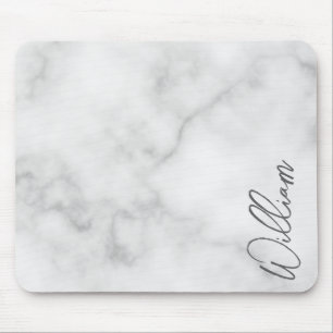 White Marble Modern Script Personalized Name Mouse Pad