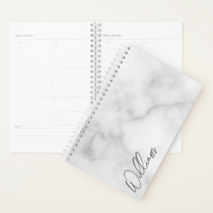 White Marble Modern Script Personalized Name Planner