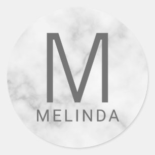 White Marble Monogram Classic Round Sticker