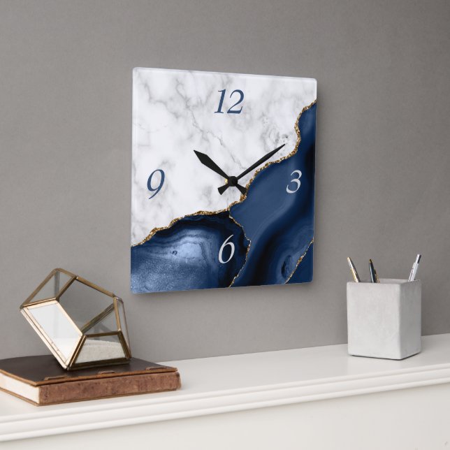 White Marble Navy Blue Agate Gold Glitter Square Wall Clock (Office)