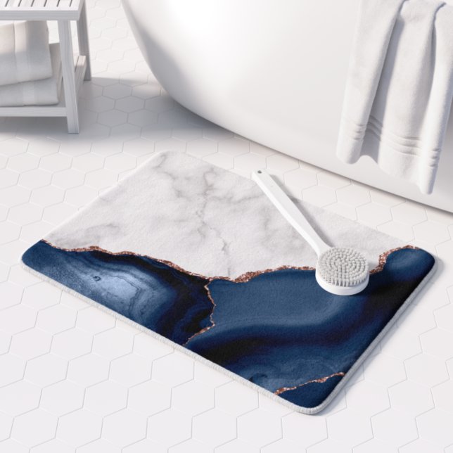 White Marble Navy Blue Agate Rose Gold Glitter Bath Mat (Creator Uploaded)