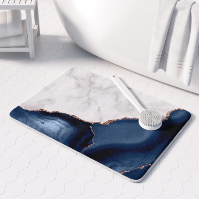White Marble Navy Blue Agate Rose Gold Glitter Bath Mat (Creator Uploaded)