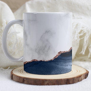 White Marble Navy Blue Agate Rose Gold Glitter  Coffee Mug