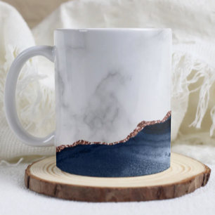 White Marble Navy Blue Agate Rose Gold Glitter Coffee Mug