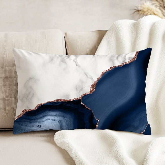 White Marble Navy Blue Agate Rose Gold Glitter Decorative Cushion (Creator Uploaded)