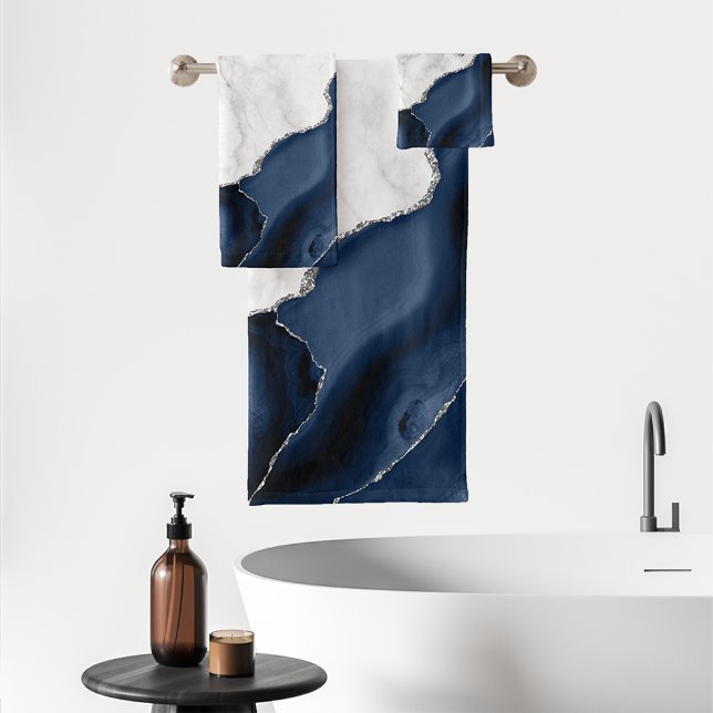 White Marble Navy Blue Agate Silver Glitter Bath Towel Set (Creator Uploaded)
