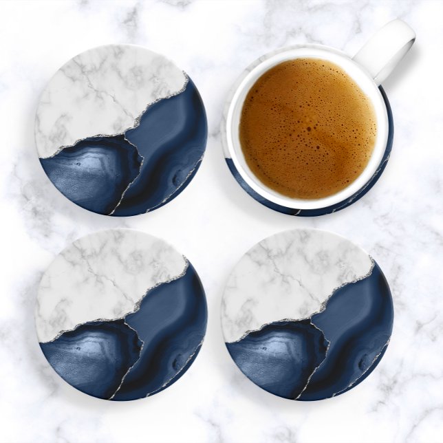 White Marble Navy Blue Agate Silver Glitter Coaster (Creator Uploaded)