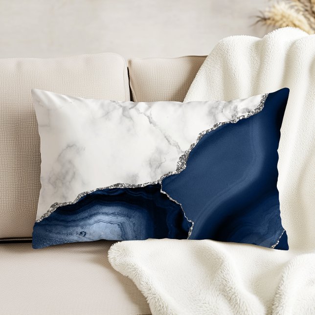 White Marble Navy Blue Agate Silver Glitter Decorative Cushion (Creator Uploaded)